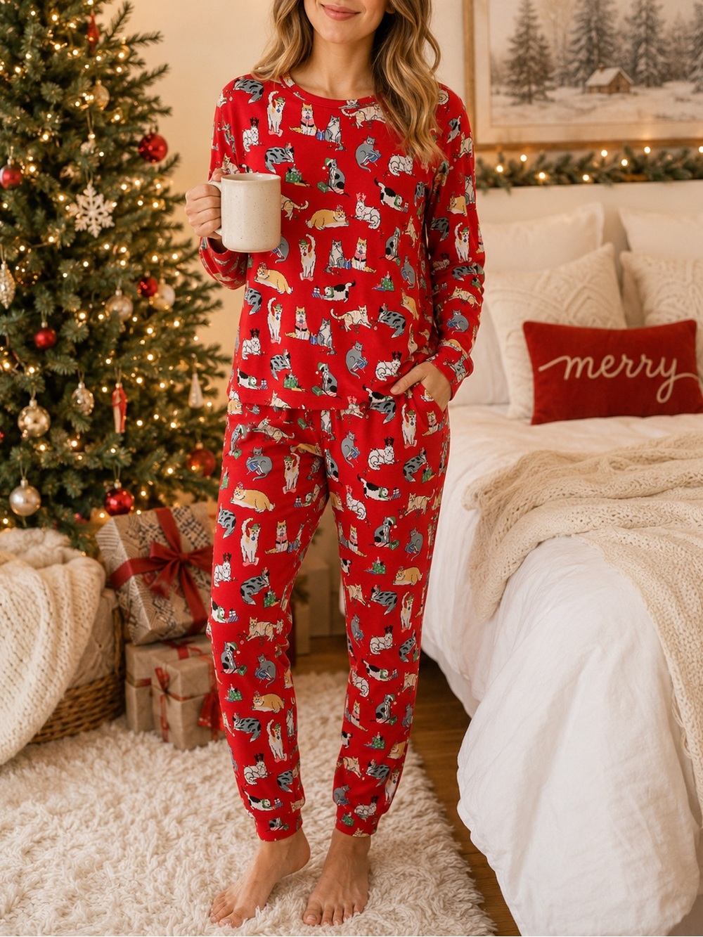 Sleep Sense Christmas Cat Pajama Set Red Cotton Holiday PJs Size L